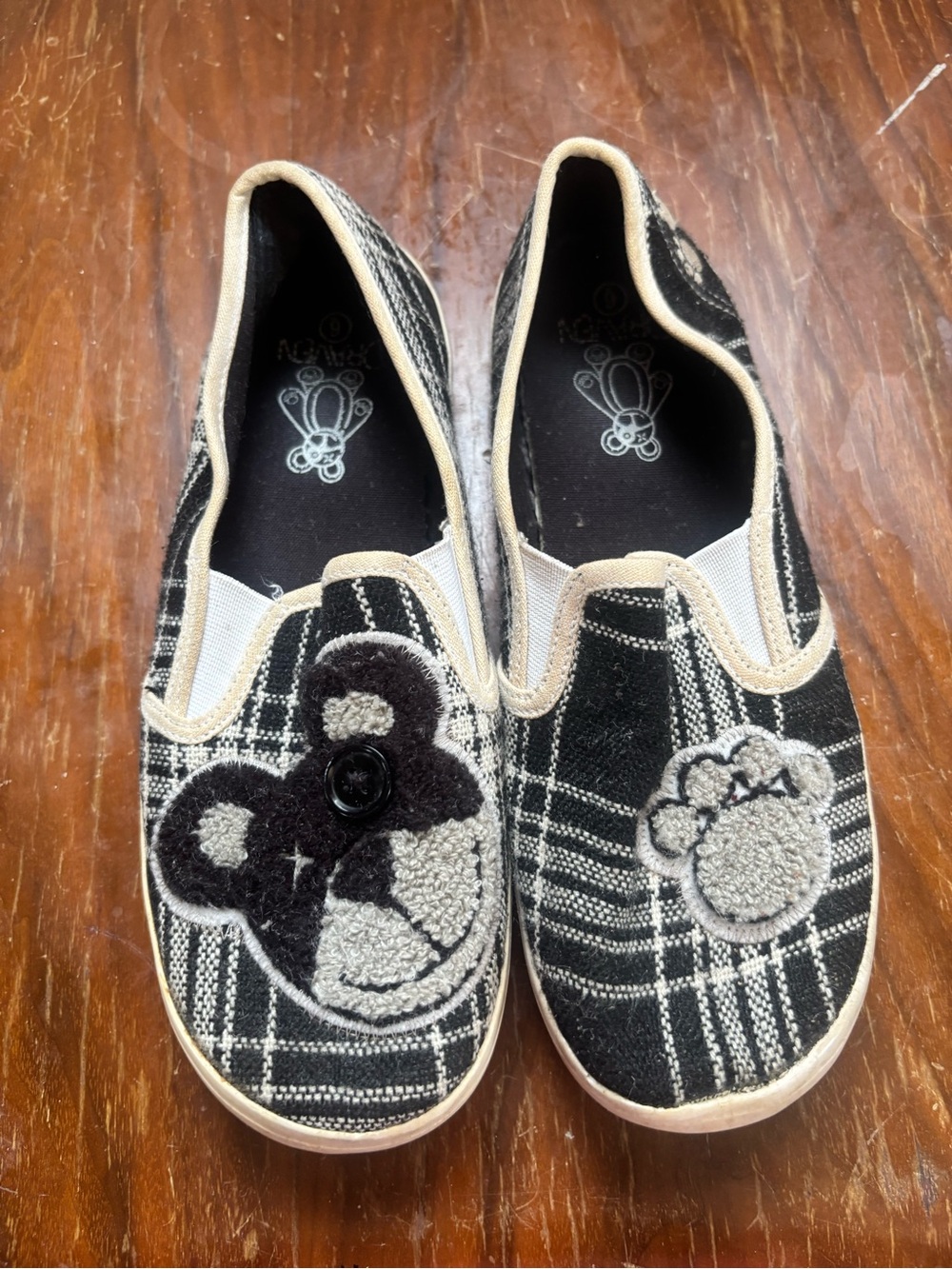 Hot Topic Black and Cream Plaid Slip-On Flats with Bear